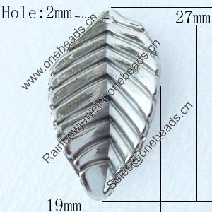 Jewelry findings, CCB Plastic Pendant Platina Plated, Leaf, 19x37mm, Hole:2mm, Sold by Bag
