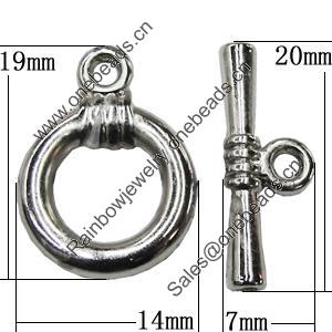Jewelry findings, CCB plastic Clasp, Platina Plated, Loop:19x14mm Bar:20x7mm Hole:2mm, Sold by Bag 