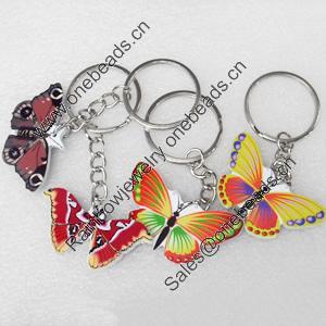 Key Chain, Iron Ring with Wood Charm, Mix Color, Charm width:44mm, Length Approx: 8cm, Sold by PC
