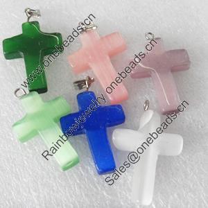 Mix Color Cats Eye Pendant, Cross, 19x28mm, Hole:About 2mm, Sold by PC