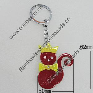 Iron Key Chains with Acrylic Charm, Cat 62x50mm, Sold by PC 