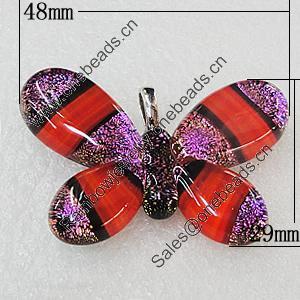 Dichroic Lampwork Glass Pendant with Metal Alloy Head, Butterfly 48x29mm, Sold by PC