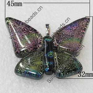 Dichroic Lampwork Glass Pendant with Metal Alloy Head, Butterfly 45x32mm, Sold by PC