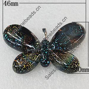 Dichroic Lampwork Glass Pendant with Metal Alloy Head, Butterfly 46x30mm, Sold by PC