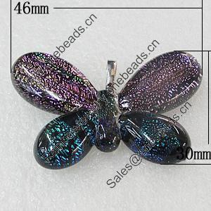 Dichroic Lampwork Glass Pendant with Metal Alloy Head, Butterfly 46x30mm, Sold by PC