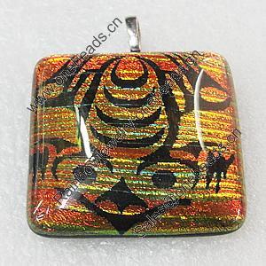 Dichroic Lampwork Glass Pendant with Metal Alloy Head, Square 35mm, Sold by PC