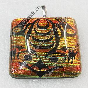 Dichroic Lampwork Glass Pendant with Metal Alloy Head, Square 30mm, Sold by PC