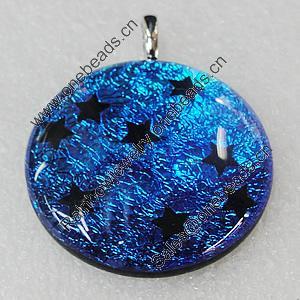 Dichroic Lampwork Glass Pendant with Metal Alloy Head, Flat Round 30mm, Sold by PC