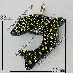 Dichroic Lampwork Glass Pendant with Metal Alloy Head, Dolphin 33x36mm, Sold by PC