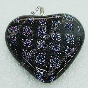 Dichroic Lampwork Glass Pendant with Metal Alloy Head, Heart 33x33mm, Sold by PC