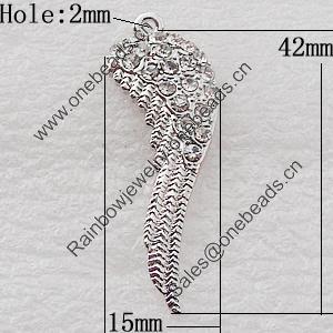 Zinc alloy Jewelry Charm with rhinestone, Nickel-free & Lead-free A Grade, Wing 42x15mm Hole:2mm, Sold by PC