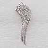 Zinc alloy Jewelry Charm with rhinestone, Nickel-free & Lead-free A Grade, Wing 42x15mm Hole:2mm, Sold by PC