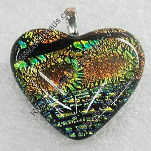 Dichroic Lampwork Glass Pendant with Metal Alloy Head, Heart 25x25mm, Sold by PC