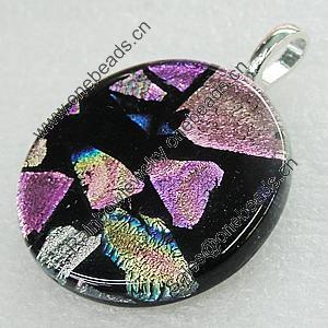 Dichroic Lampwork Glass Pendant with Metal Alloy Head, Flat Round 33mm, Sold by PC