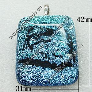 Dichroic Lampwork Glass Pendant with Metal Alloy Head, Rectangle 42x31mm, Sold by PC
