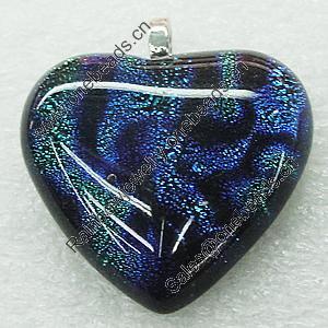 Dichroic Lampwork Glass Pendant with Metal Alloy Head, Heart 28mm, Sold by PC