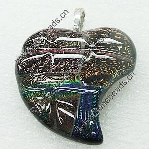 Dichroic Lampwork Glass Pendant with Metal Alloy Head, Heart 32x33mm, Sold by PC