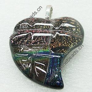 Dichroic Lampwork Glass Pendant with Metal Alloy Head, Heart 30x30mm, Sold by PC