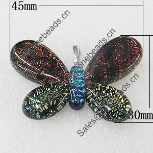 Dichroic Lampwork Glass Pendant with Metal Alloy Head, Butterfly 45x30mm, Sold by PC
