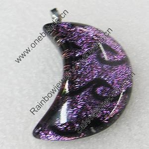 Dichroic Lampwork Glass Pendant with Metal Alloy Head, Moon 25x33mm, Sold by PC