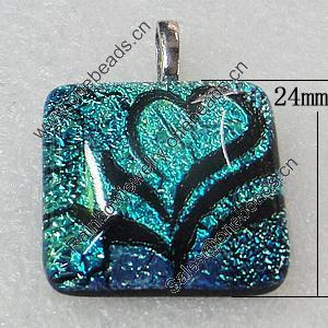 Dichroic Lampwork Glass Pendant with Metal Alloy Head, Square 24mm, Sold by PC