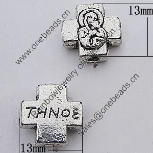 European Style Bead Zinc Alloy Jewelry Findings Lead-free, Cross 13x13mm Hole:5mm, Sold by Bag 