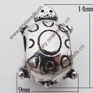 European Style Beads Zinc Alloy Jewelry Findings Lead-free, Tortoise 9x14mm Hole:5mm, Sold by Bag 