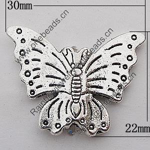 Beads Zinc Alloy Jewelry Findings Lead-free, Butterfly 30x22mm Hole:1.5mm, Sold by Bag 