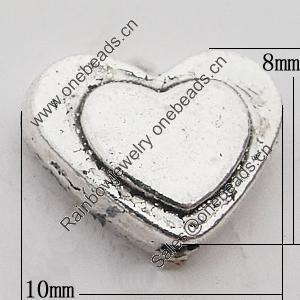 Beads Zinc Alloy Jewelry Findings Lead-free, Heart 10x8mm Hole:1mm, Sold by Bag 