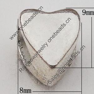 European Style Beads Zinc Alloy Jewelry Findings Lead-free, Heart 8x9mm Hole:5mm, Sold by Bag 