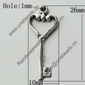 Pendant Zinc Alloy Jewelry Findings Lead-free, Key 10x26mm Hole:1mm, Sold by Bag