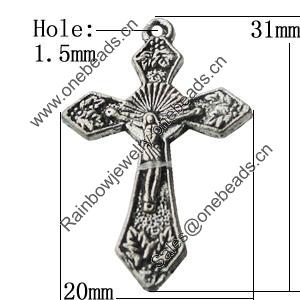 Pendant Zinc Alloy Jewelry Findings Lead-free, Cross 20x31mm Hole:1.5mm, Sold by Bag