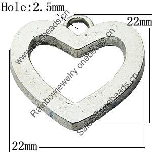 Pendant Zinc Alloy Jewelry Findings Lead-free, Heart 22mm Hole:2.5mm, Sold by Bag