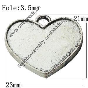 Zinc Alloy Cabochon Settings, Heart 23x21mm Hole:3.5mm, Sold by Bag