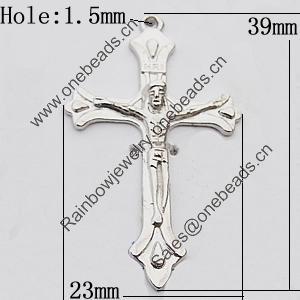 Pendant Zinc Alloy Jewelry Findings Lead-free, Cross 23x39mm Hole:1.5mm, Sold by Bag 