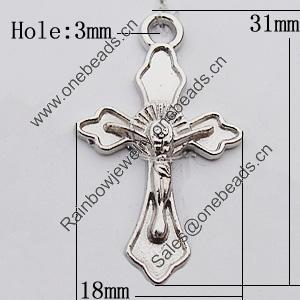 Pendant Zinc Alloy Jewelry Findings Lead-free, Cross 18x31mm Hole:3mm, Sold by Bag 