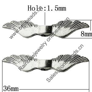 Bead Zinc Alloy Jewelry Findings Lead-free, Wings 8x36mm Hole:1.5mm, Sold by KG