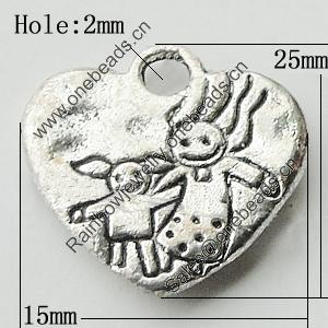 Pendant Zinc Alloy Jewelry Findings Lead-free, Heart 15x25mm Hole:2mm, Sold by Bag