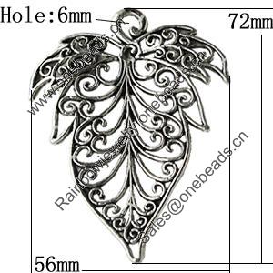 Pendant Zinc Alloy Jewelry Findings Lead-free, Leaf 56x72mm Hole:6mm, Sold by Bag