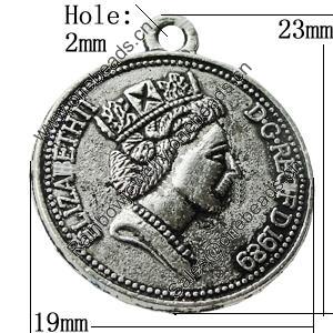 Pendant Zinc Alloy Jewelry Findings Lead-free, Flat Round 19x23mm Hole:2mm, Sold by Bag