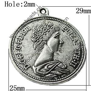 Pendant Zinc Alloy Jewelry Findings Lead-free, Flat Round 25x29mm Hole:2mm, Sold by Bag