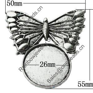 Zinc Alloy Cabochon Settings, Butterfly O:50x55mm I:26mm Hole:4mm, Sold by Bag