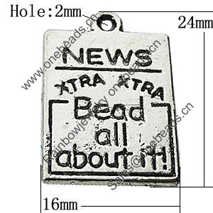 Pendant Zinc Alloy Jewelry Findings Lead-free, Rectangle 16x24mm Hole:2mm, Sold by Bag