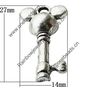 Pendant Zinc Alloy Jewelry Findings Lead-free, Key 14x27mm Hole:2mm, Sold by Bag