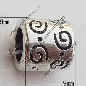European Style Beads  Zinc Alloy Jewelry Findings Lead-free, Column 9x9mm Hole:1.6mm, Sold by Bag
