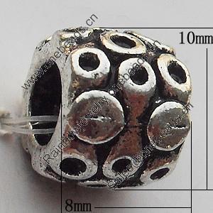 European Style Beads  Zinc Alloy Jewelry Findings Lead-free, 8x10mm Hole:5mm, Sold by Bag