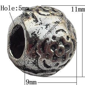 European Style Beads  Zinc Alloy Jewelry Findings Lead-free, 9x11mm Hole:5mm, Sold by Bag
