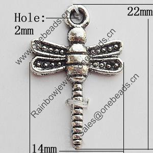 Pendant Zinc Alloy Jewelry Findings Lead-free, Dragonfly 14x22mm Hole:2mm, Sold by Bag
