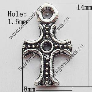 Pendant Zinc Alloy Jewelry Findings Lead-free, Cross 8x14mm Hole:1.5mm, Sold by Bag