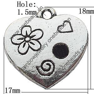 Pendant Zinc Alloy Jewelry Findings Lead-free, Heart 17x18mm Hole:1.5mm, Sold by Bag